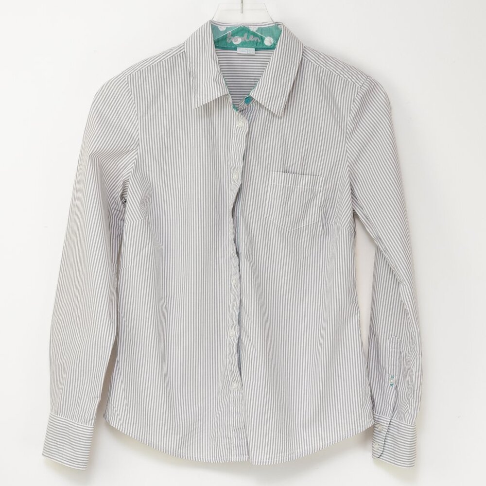 Boden Button Front Blouse Stripe Shirt Long Sleeve Grey White Size 6